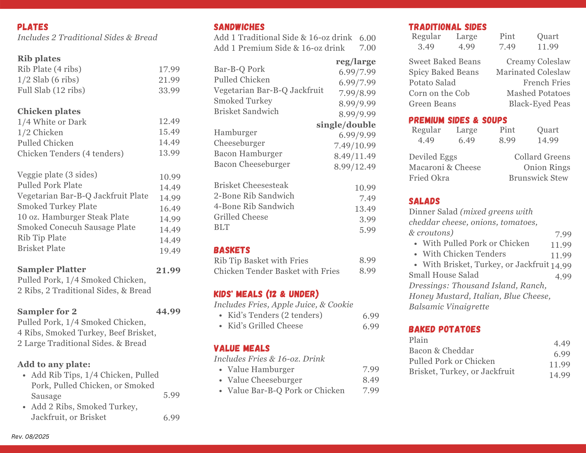 image of the inside page of the rusty's menu