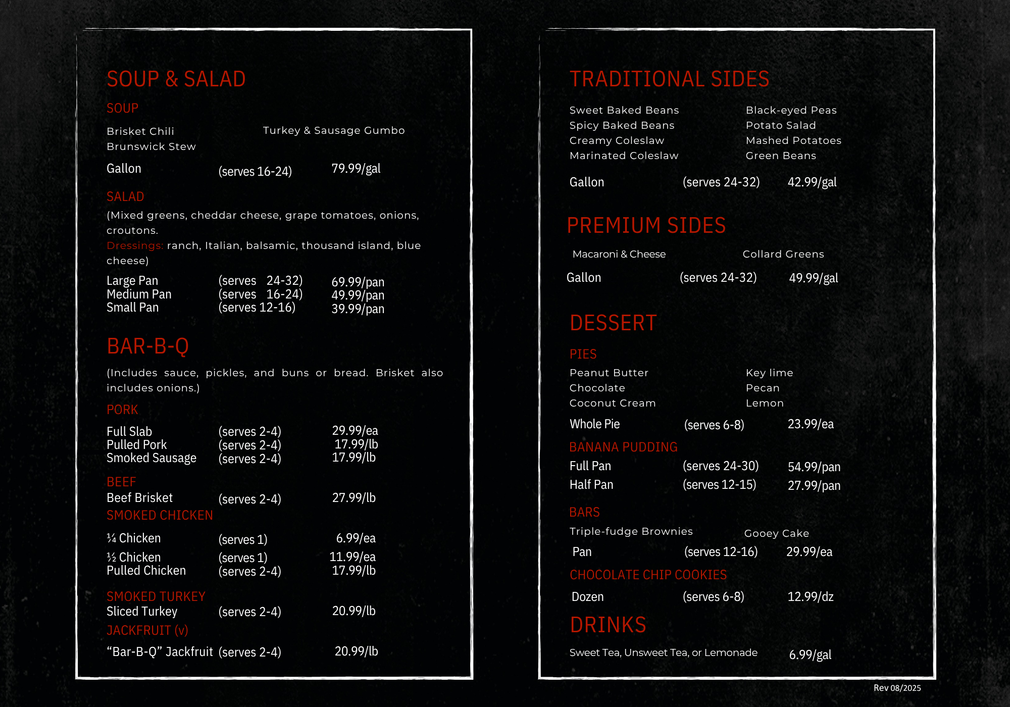 image depicting the inside of the rusty's catering menu