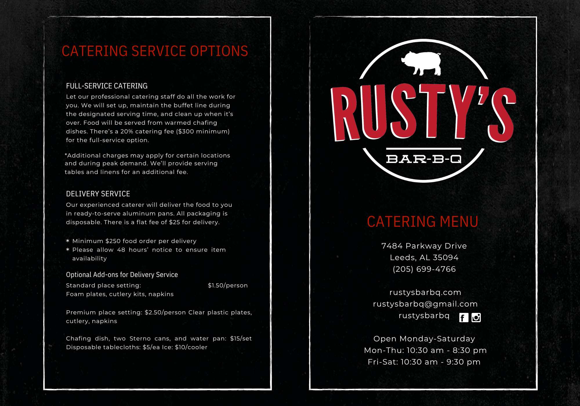 an image showing the outside of the Rusty's catering menu